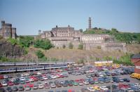 An east end view of Waverley in the summer of 1993 with Dutch Livery 37, a North Berwick train and the Calton Hill in the background.<br><br>[Beth Crawford //1993]