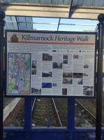 A new Heritage Walk information board behind the bay platform buffers at Kilmarnock station in January 2018.<br>
<br><br>[John Yellowlees 27/01/2018]