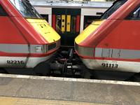 The unusual sight of a Class 91 and a DVT coupled nose to nose at Kings Cross on 2nd January 2018. The Class 91 had just brought the train in from the north on 2nd January 2018, presumably due to a failure. <br>
<br><br>[Duncan Ross 02/01/2018]