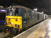 73966 shortly after bringing in the empty stock of the Caledonian Sleeper to platform 7 at Glasgow Queen Street on Easter Sunday.<br>
Despite the date this photo is not an April Fool, the train having been switched from Central due to WCML engineering works!<br><br>[Colin McDonald 01/04/2018]