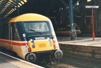 The unique prototype Brush loco 89001 leaves Kings Cross hauling a Leeds service on 1st September 1988 in its original, Intercity Executive, livery.  OHLE was completed as far as West Yorkshire but this was the only AC loco working trains until March 1989 when the Class 91 fleet was introduced. It was later named <I> Avocet </I> and repainted in Intercity Swallow livery to fit in with the new Mark IV coaching stock. <br><br>[Charlie Niven 01/09/1988]
