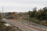 All catenary in place at Poulton on 12th April 2018, just prior to reopening of the Blackpool North line the following Monday. The semaphore still guards the severed Fleetwood tracks but a only a pile of rubble marks the site of the box that controlled it.<br><br>[Mark Bartlett 12/04/2018]
