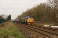 50049 and 50007 head east from Bamber Bridge hauling 'The Cumbrian Hoovers' railtour from Birmingham International to Carlisle on 14 April 2018. The outward journey was via the S&C with the return around the Cumbrian coast.<br><br>[John McIntyre 14/04/2018]