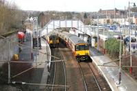 Trains for Dalmuir (left) and Larkhall meet at Hamilton Central in March 2006.<br><br>[John Furnevel 17/03/2006]