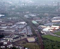 Aerial view of Paisley St James, (former) Walkinshaw Junction the former goods yards and line running to Wallneuk Junction.<br><br>[Ewan Crawford //]