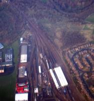 Slightly poor aerial view of Motherwell MPD. The original route of the line to Motherwell is from top left to centre right.<br><br>[Ewan Crawford //]