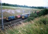 Busy little 08s shunting at the north end of Mossend Marshalling Yard.<br><br>[Ewan Crawford //1987]