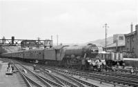 <h4><a href='/locations/E/Edinburgh_Waverley'>Edinburgh Waverley</a></h4><p><small><a href='/companies/N/North_British_Railway'>North British Railway</a></small></p><p>A3 4472 'Flying Scotsman' brings the June 1966 'Aberdonian' railtour into Edinburgh Waverley. The tour had started at London Waterloo with the A3 in charge of the Hellifield â€“ Edinburgh stage, using the Settle and Carlisle and Waverley routes.   31/132</p><p>25/06/1966<br><small><a href='/contributors/Robin_McGregor'>Robin McGregor</a></small></p>