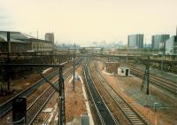 Eglinton Street Junction looking north. From left to right; line for Cathcart Circle, Neilston, Newton, East Kilbride, Barrhead and Kilmarnock; centre and right lines for Newton, Motherwell, Edinburgh and the south.<br><br>[Ewan Crawford //1987]