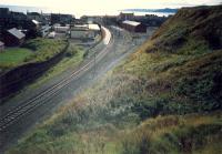 Ardrossan Town where quite a bit of track was lifted recently. Off to the left there had been carriage sidings but the more recently lifted track was the double track, bay platforms and goods.<br><br>[Ewan Crawford //1987]