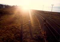 Ayr Harbour Junction looking into a blinding sunset. The layout has been altered since then - the line most to the right being lifted and junction made behind the camera.<br><br>[Ewan Crawford //1987]