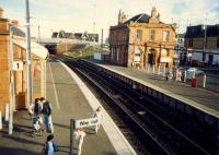 Saltcoats looking east showing its fine buildings. Off to the right nearby the harbour branch was end of the Ardrossan Waggonway from Eglinton to Saltcoats.<br><br>[Ewan Crawford //1987]