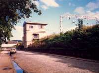 The signalbox just east of Dumbarton Central. Closed by the Yoker re-signalling scheme it still stands but is now boarded up.<br><br>[Ewan Crawford //1987]