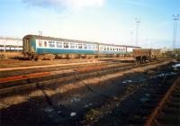 Carriages in the down sidings at Polmadie. Access by kind permission of British Rail.<br><br>[Ewan Crawford //1987]