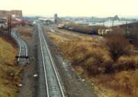 From left to right; distllery headshunt, line from Barrhead, stub of line from Dalry, Long Lyes Sidings.<br><br>[Ewan Crawford //1988]