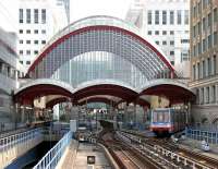 A Docklands Light Railway service leaves Canary Wharf northbound on 22 July 2005.<br><br>[John Furnevel 22/07/2005]
