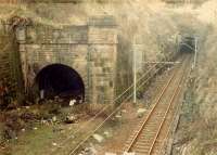 Looking west at the eastern portals of the two Wemyss Bay Cartsburn tunnels. The line was originally single track and a second, now redundant, bore was required.<br><br>[Ewan Crawford //1988]