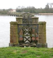 Remains of Alloa swing bridge in April 2006 looking across from the abutment on the north bank of the Forth towards Throsk.<br><br>[John Furnevel 27/04/2006]
