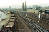 View looking south from St Leonards Bridge. The signalbox stands where the NB locomotive shed stood.<br><br>[Ewan Crawford //1988]
