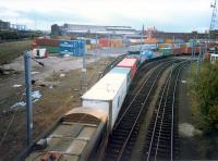 Gushetfaulds Freightliner Terminal (now closed and lifted). Beyond and to the right is the site of South Side station (Barrhead Direct and Clydesdale Junction stations).<br><br>[Ewan Crawford //1987]