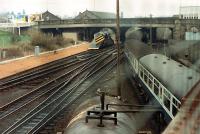 A 47 heads north from Perth. This location betrays the original layout of the station which was to the left - the train is on the line from the later expansion.<br><br>[Ewan Crawford //1988]