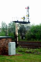 The splitting distant signal approaching Larbert from the north in May 2005. This signal can now be found at Bo'ness [see image 33351].<br><br>[Ewan Crawford 12/05/2006]