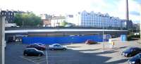 Panorama showing the situation at Haymarket station car park on 28 May 2006 with preparations in hand for construction of the new bay platform 0 behind the blue barrier.<br><br>[John Furnevel 28/05/2006]